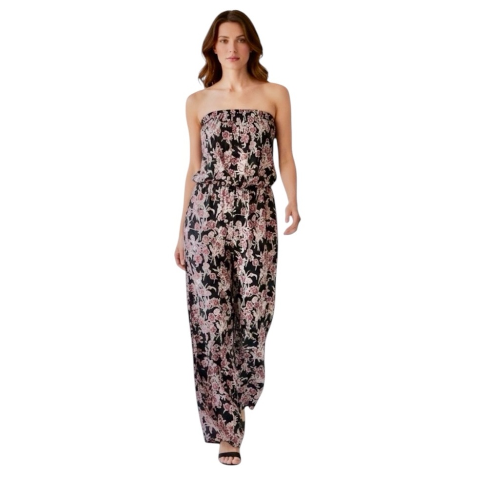 RoseVelvet Elegant Black & Blush Floral Strapless Jumpsuit Semi-Sheer Overlay L